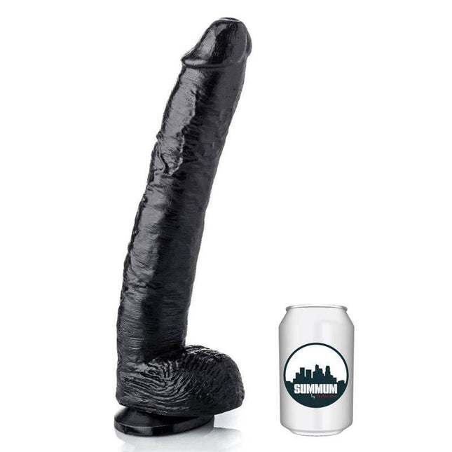 Dildo Eso Yo 30 cm lifelike vinyl dildo with suction cup next to can for size comparison; realistic design for solo or partner play.
