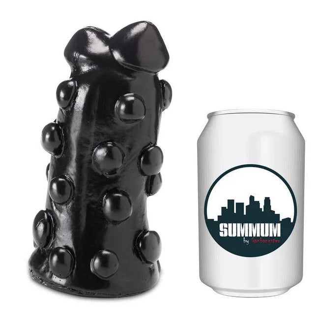 Dildo Etienne 17 cm with textured surface and double-glans design next to a size comparison can