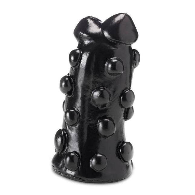 Dildo Etienne 17 cm with double-glans and textured relief balls for enhanced stimulation, crafted in flexible black vinyl.