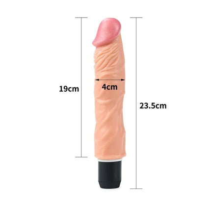 Dildo Flexi 9.5 with Vibration Flesh featuring a flexible vibrating shaft and measurements of 23.5cm length and 4cm diameter.