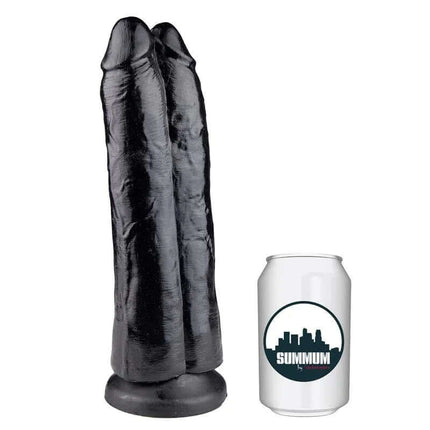 Dildo Gemelo 26 cm double realistic dildo with suction cup next to a soda can for size comparison, lifelike design for pleasure.