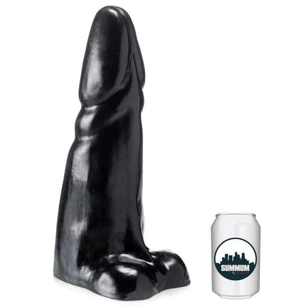 Dildo Giant 35 cm vinyl sex toy next to a can for size comparison, semi-realistic design, intense stimulation