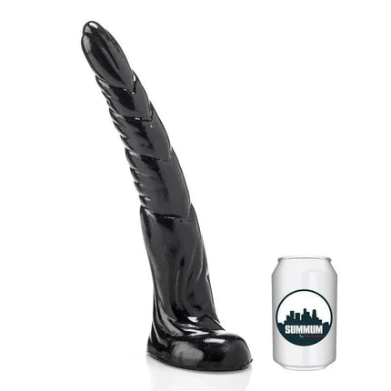 Dildo Grifa 31 cm with textured relief for enhanced pleasure, shown next to a soda can for size comparison.