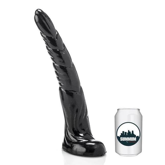 Dildo Grifa 31 cm with textured relief for enhanced pleasure, shown next to a soda can for size comparison.