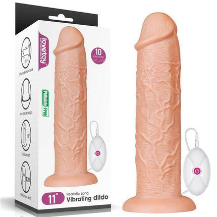 Dildo King 11 with Vibration Flesh, realistic dildo with vibration, 28 cm length, phthalate-free body-safe PVC, shown with packaging