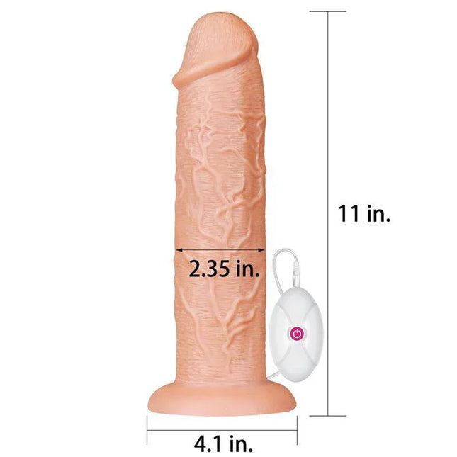 Dildo King 11 with Vibration Flesh, 11-inch realistic dildo with vibration function, body-safe PVC material, beige color