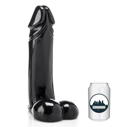 Dildo Legend 30 cm in black vinyl with realistic design and a can for scale, showcasing lifelike details and size comparison.