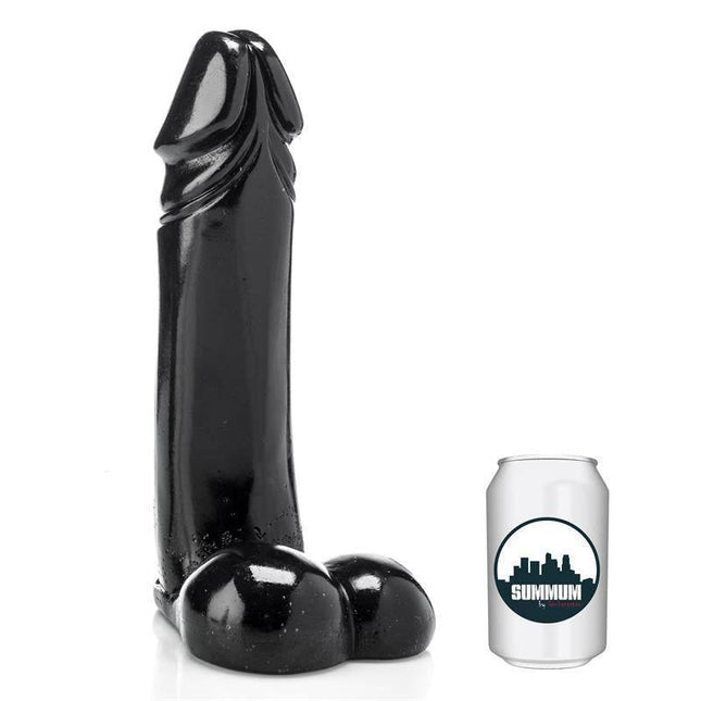 Dildo Legend 30 cm in black vinyl with realistic design and a can for scale, showcasing lifelike details and size comparison.