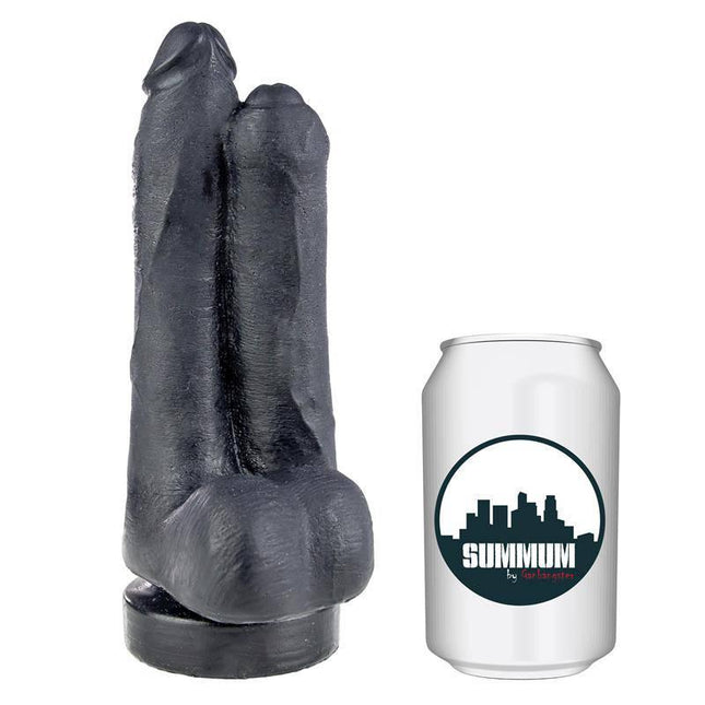 Dildo Lucha 16 cm dual dildo with realistic design next to comparison can for size reference.