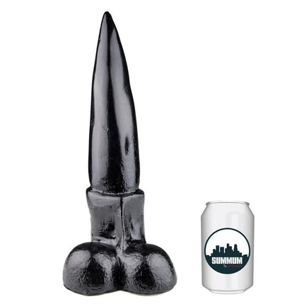 Dildo Melby 29 cm with pointed tip next to a soda can for size comparison.