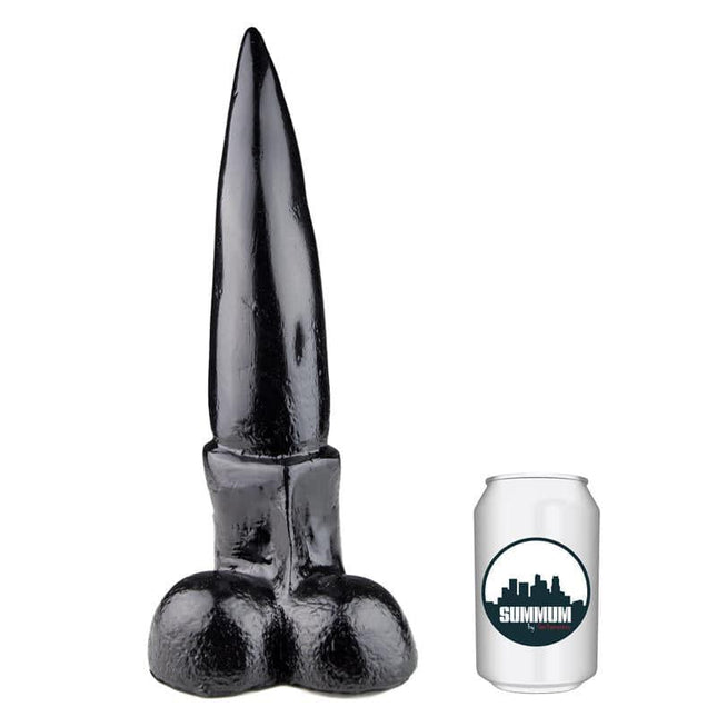 Dildo Melby 29 cm with pointed tip next to a soda can for size comparison.