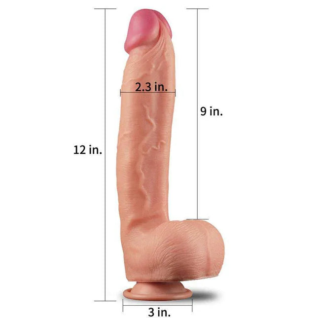 Dildo Nature 12 Dual Layer Flesh with lifelike design, 12-inch length, and suction base from Love Toy King.