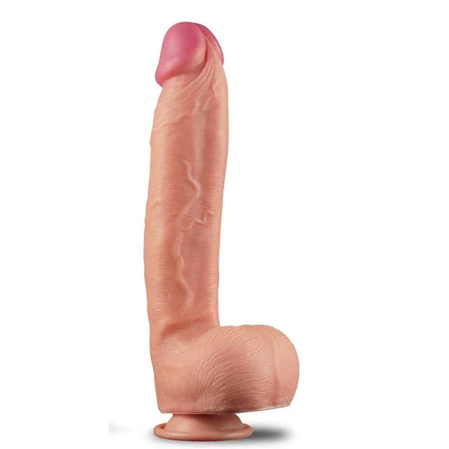 Dildo Nature 12 Dual Layer Flesh from Love Toy King standing upright, showcasing dual-layer silicone design for a lifelike experience.