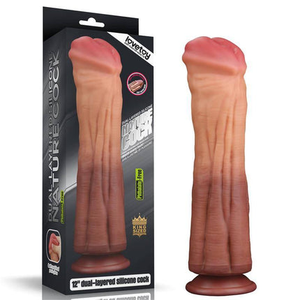 Dildo Nature 12 Dual Layer king-size silicone dildo with dual-layer design and suction base shown with packaging, ideal for hands-free use.