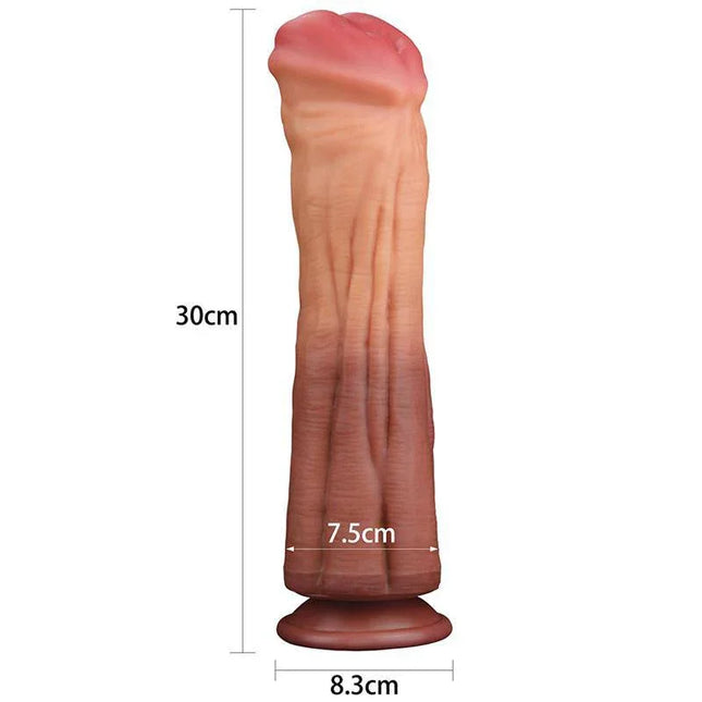 Dildo Nature 12 Dual Layer king-size silicone dildo with suction base, measuring 30cm in length and 7.5cm in diameter.