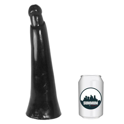 Dildo Pakider 30 cm next to a soda can for size comparison, featuring a unique curvy silhouette and 8.8 cm diameter for intense pleasure.