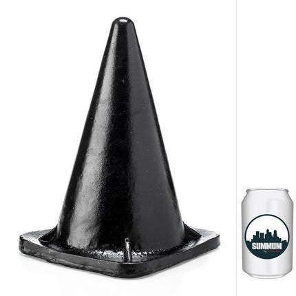 Dildo Parcel 30 cm large anal plug with vinyl body, designed for fullness and stable control, next to a can for size comparison.