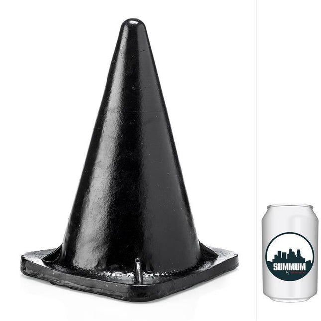 Dildo Parcel 30 cm large anal plug with vinyl body, designed for fullness and stable control, next to a can for size comparison.