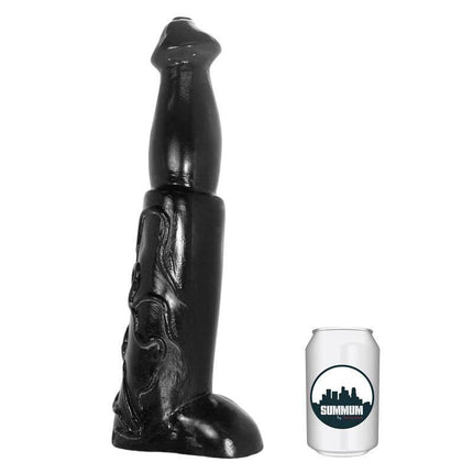 Dildo Pegasus 35 cm in black vinyl next to a can for size comparison, featuring rounded tip and unique design for immersive solo play.