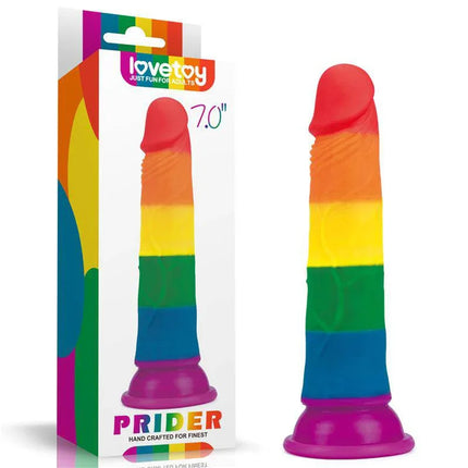 Dildo Prider 7 Liquid Silicone LGBT rainbow colored dildo with packaging, showcasing bright Pride flag design and velvety-smooth finish.
