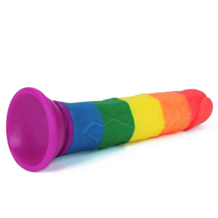 Dildo Prider 7 Liquid Silicone LGBT with vibrant Pride flag colors, curved design for comfort and stimulation, made from body-safe silicone.