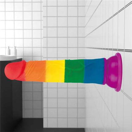 Dildo Prider 7 Liquid Silicone LGBT with Pride colors and suction base in bathroom setting
