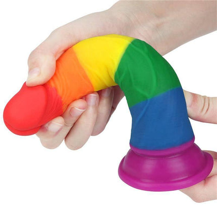 Dildo Prider 7 Liquid Silicone LGBT with vibrant Pride colors, medical-grade curved silicone for comfort and stimulation.