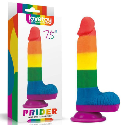 Dildo Prider 7.5 Liquid Silicone LGBT with vibrant Pride colors and ergonomic design in packaging