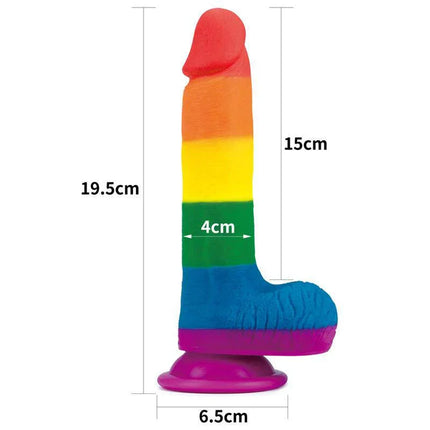 Dildo Prider 7.5 Liquid Silicone LGBT, rainbow design with measurements, ergonomic and hypoallergenic sex toy