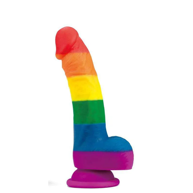 Dildo Prider 8 Liquid Silicone LGBT with vibrant Pride flag colors and body-safe, curved design for luxurious comfort.