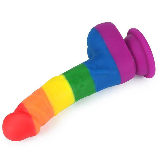 Dildo Prider 8 Liquid Silicone LGBT with vibrant Pride flag colors and a curved ergonomic design, ideal for inclusive pleasure.