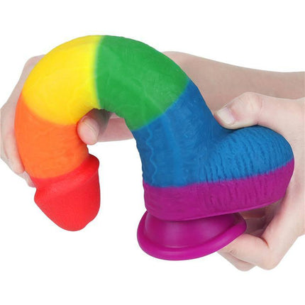 Dildo Prider 9 Liquid Silicone LGBT in rainbow colors, made from medical-grade platinum silicone, hypoallergenic and durable.