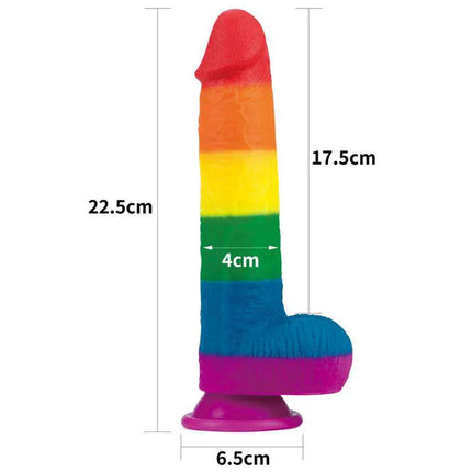 Dildo Prider 9 Liquid Silicone LGBT with pride colors, 22.5cm length, medical-grade silicone, hypoallergenic material.