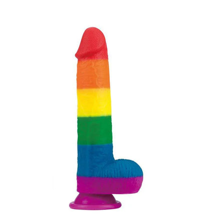 Dildo Prider 9 Liquid Silicone LGBT with rainbow design and suction base, made from medical-grade platinum silicone.