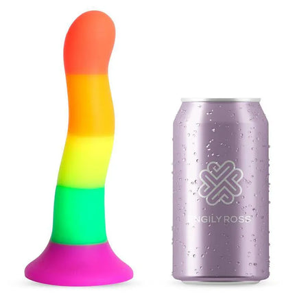 Dildo Rainbow Color LGBT 18 cm from Dildox by Engily Ross beside a can for size comparison, premium silicone fantasy toy.
