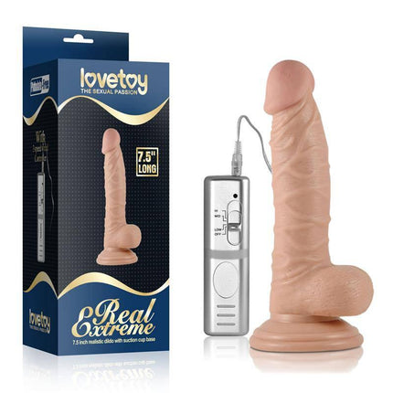 Dildo Real Extreme with Vibration 7.5 Flesh displayed with packaging and remote control