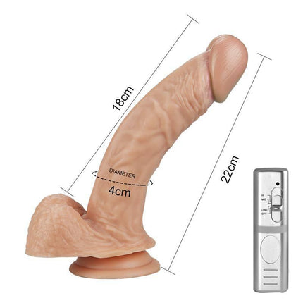 Dildo Real Extreme with Vibration 8.5 Flesh, showing measurements and remote control included for lifelike and powerful stimulation.