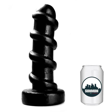 Dildo Ressort 25 cm with spiral relief design next to a soda can for scale, showcasing its substantial presence and bold curvature for enhanced pleasure.