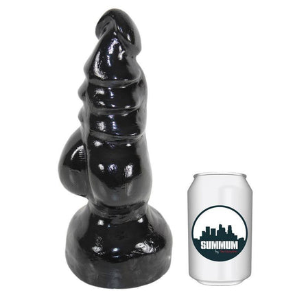 Dildo Roma 22 cm black vinyl sex toy with a unique curved design, shown next to a soda can for size comparison.