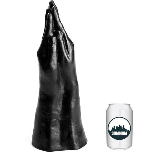 Dildo Sista 38 cm black vinyl stimulator next to size reference can