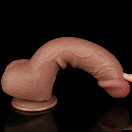 Dildo Sliding Skin 9.5 Brown with realistic dual-layer design for lifelike experience on black background.