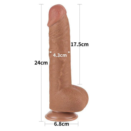 Dildo Sliding Skin 9.5 Brown with realistic design featuring measurements and suction base for lifelike pleasure.