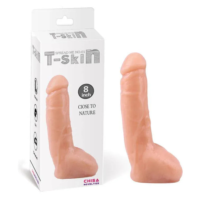 Dildo Spread Me N1 T-Skin 8 Flesh with realistic design and skin-friendly materials, displayed next to product packaging.