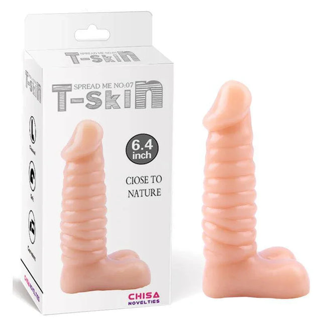 Dildo Spread Me N7 T-Skin 6.4 Flesh realistic dildo with packaging, lifelike flesh color, texture detail, ergonomic design, body-safe material.