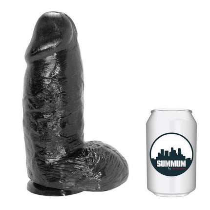 Dildo Super Mike 18 cm black vinyl next to a soda can for size comparison