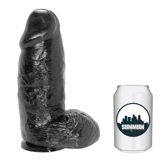 Dildo Super Mike 18 cm black vinyl next to a soda can for size comparison