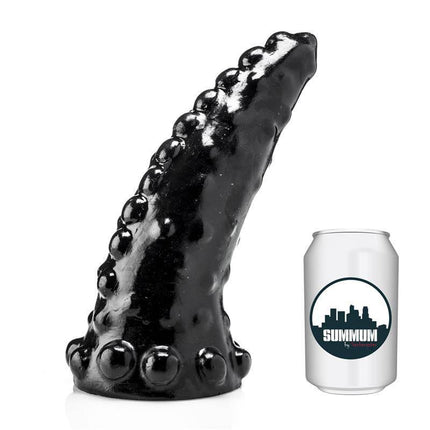 Dildo Tentácula 25 cm with raised bumps, black tentacle-shaped design next to a can for size reference.