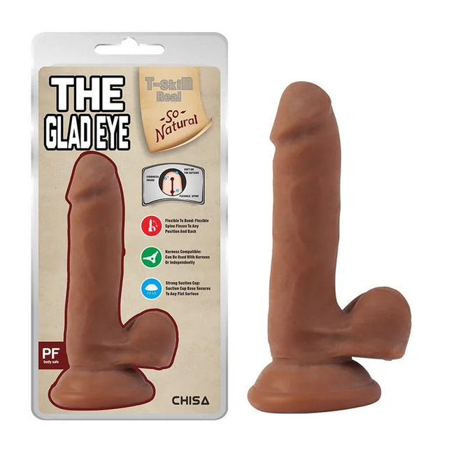 Dildo The Glad Eye on display with packaging highlighting realistic design and dual-density features.