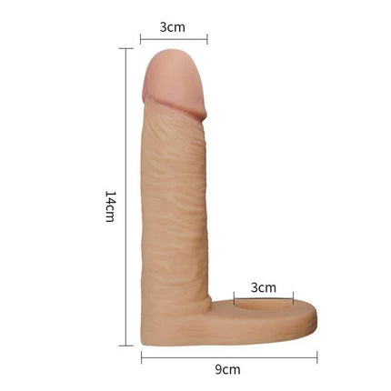 Dildo The Ultra Soft Double 5.8 Flesh showing dimensions and flexible strap base.