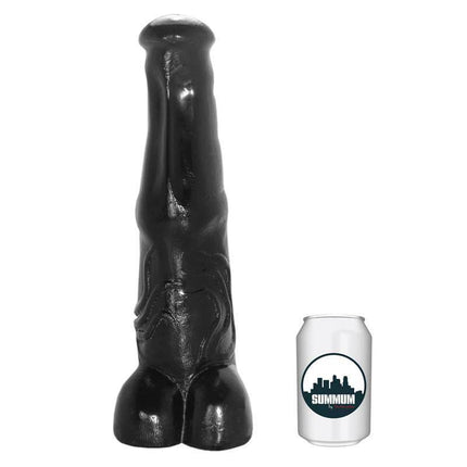 Dildo Tiger 32 cm with a substantial vinyl build next to a can for size comparison, designed for extreme pleasure and satisfaction.